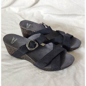 DANSKO "Susie" Women's Black Nubuck Wedge Comfort Sandals Sz 42/10 Cork Midsole